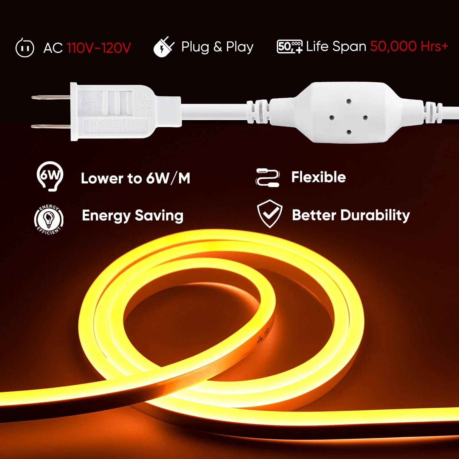 110V-120V Yellow-Amber Neon LED Rope Light - 7mmX14.5mm,Commercial Grade, IP65, 220Lm/M -Cuttable, Dimmable, ETL Listed- Plug and Play and Hardwired - Hyperdealss