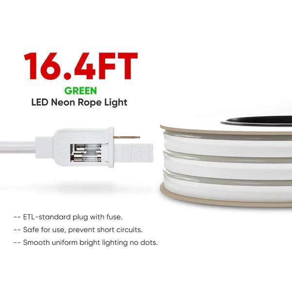 110V-120V Green Neon LED Rope Light - 8mmX16mm,Commercial Grade, IP65, 6 Watts/M -Cuttable, dimmable, could be hardwired ETL Listed- Plug and Play - Hyperdealss