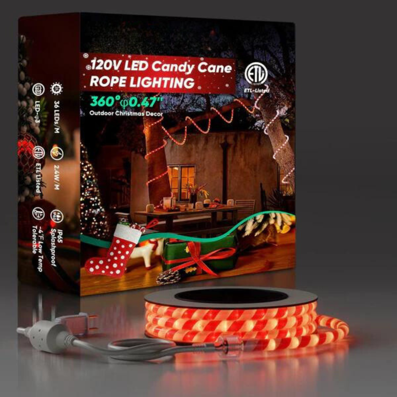 110-120V Candy Cane Rope Light(8mmx12mm) - 2800K Warm White, 360° Illumination, IP65, Cold-Resistant to -4℉, Connectable, Cuttable, Plug and play  ETL Listed - Hyperdealss