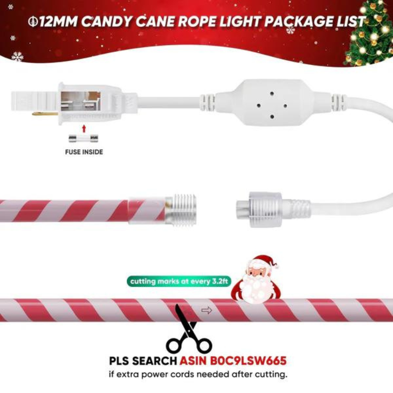 110-120V Candy Cane Rope Light(8mmx12mm) - 2800K Warm White, 360° Illumination, IP65, Cold-Resistant to -4℉, Connectable, Cuttable, Plug and play  ETL Listed - Hyperdealss