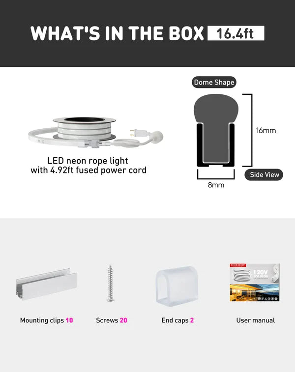 110V-120V Cool White (6000K) Neon LED Rope Light - 8mmX16mm,Commercial Grade, IP65, 189 LM/M -Cuttable, dimmable - Plug and Play and Hardwired - Hyperdealss