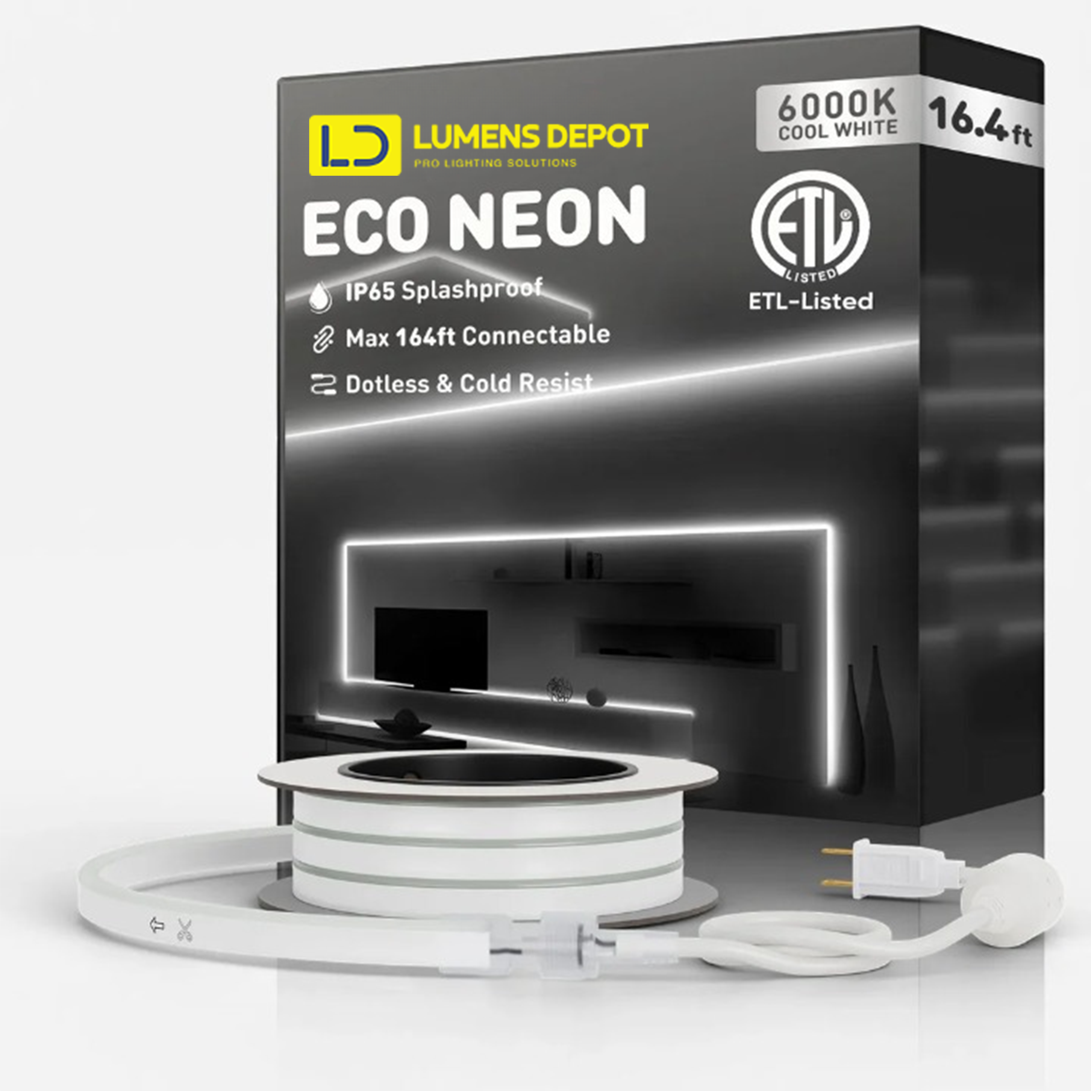 110V-120V Cool White (6000K) Neon LED Rope Light - 8mmX16mm,Commercial Grade, IP65, 189 LM/M -Cuttable, dimmable - Plug and Play and Hardwired - Hyperdealss