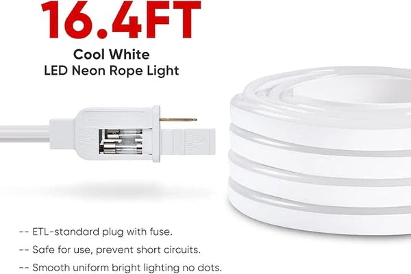 110V-120V Neutral White (4500K) Neon LED Rope Light - 8mmX16mm,Commercial Grade, IP65, 189Lm/meter -Cuttable, Dimmable- Plug and Play and Hardwire - Hyperdealss