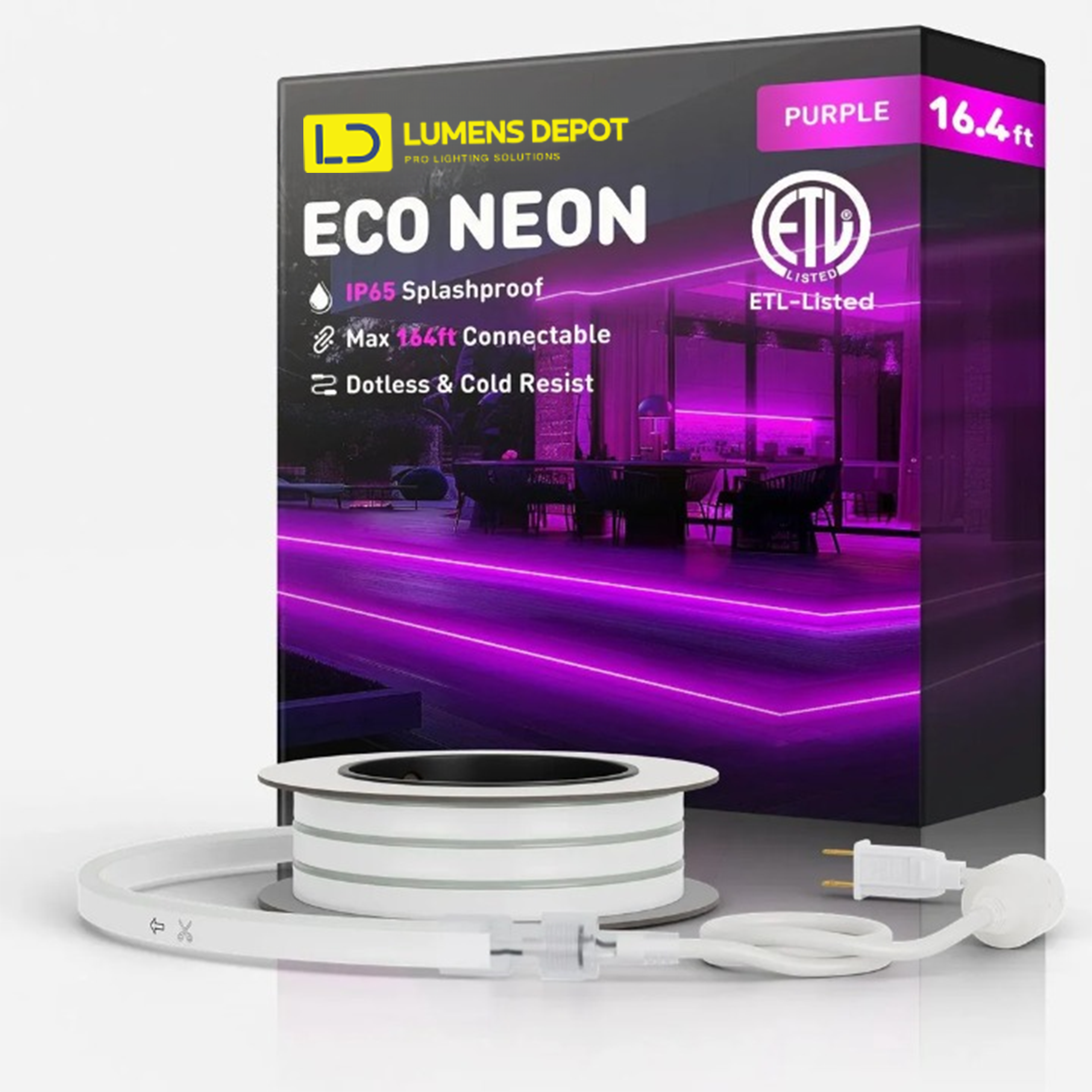 110V-120V Purple Neon LED Rope Light - 8mmX16mm,Commercial Grade, IP65, 6 Watts/M -Cuttable, dimmable, could be hardwired ETL Listed- Plug and Play - Hyperdealss