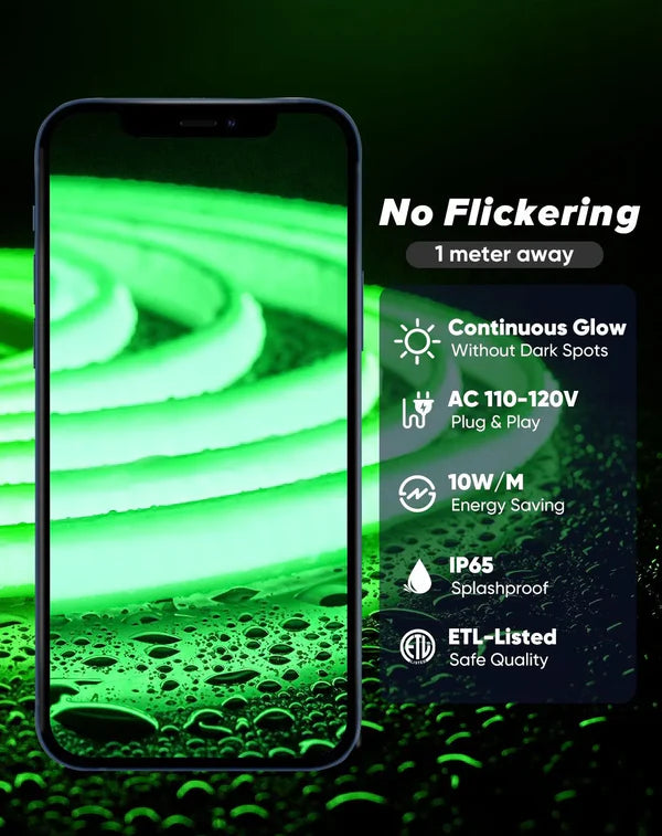 120V Ultra Bright Green COB LED Neon Rope Light, 800 Lumens/M - Hyperdealss