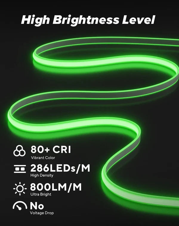 120V Ultra Bright Green COB LED Neon Rope Light, 800 Lumens/M - Hyperdealss