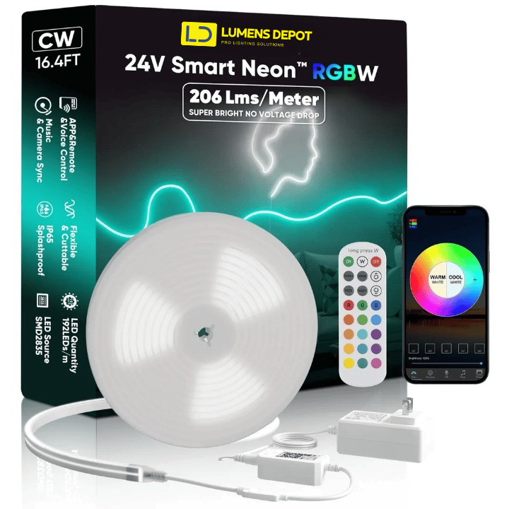 16FT 24V Smart RGBW LED Neon Rope Light, Cool and Warm White – Anti Yellowing -App and Remote Controlled - Hyperdealss