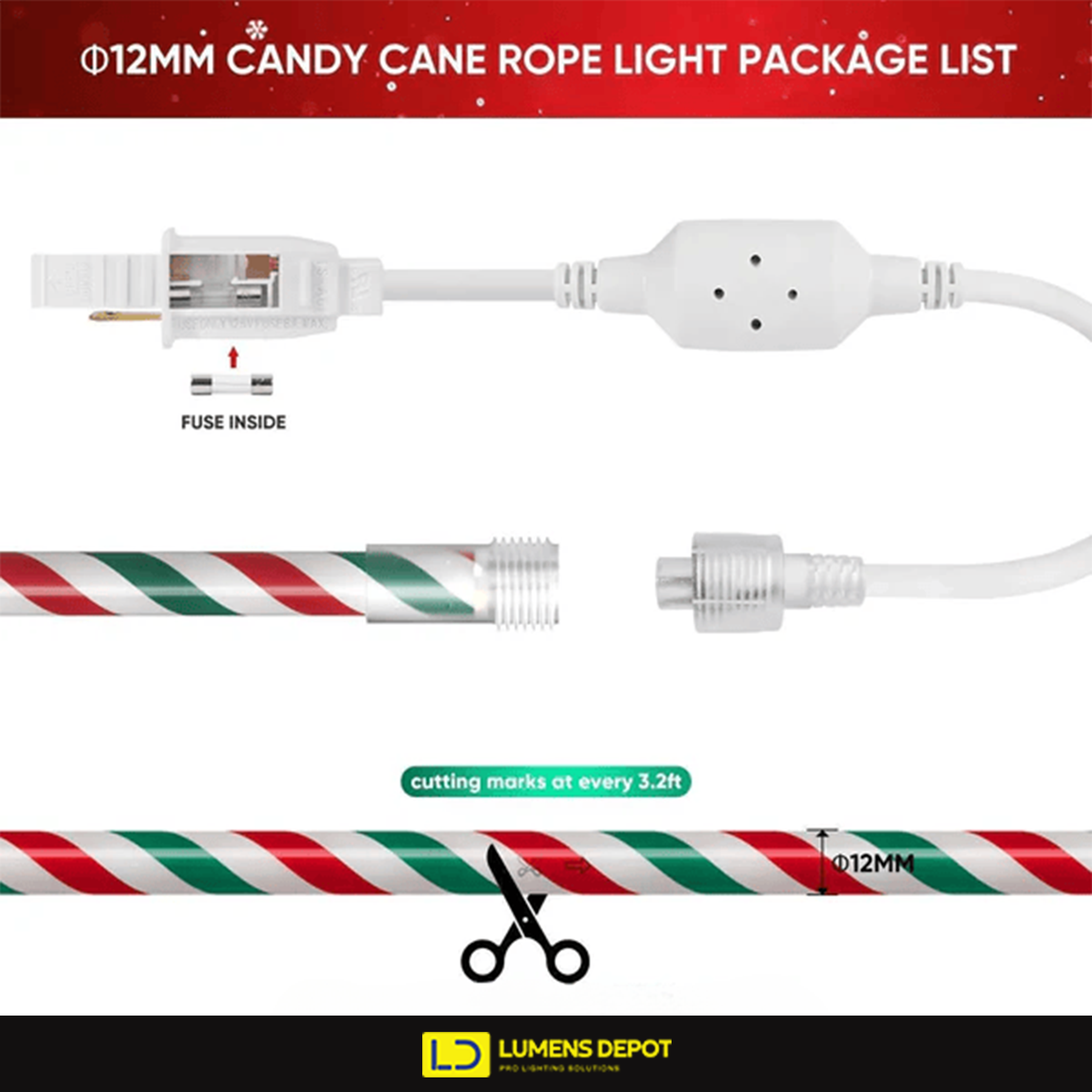 110V Candy Cane Christmas Rope Light White Red Green 11000K - Hyperdealss