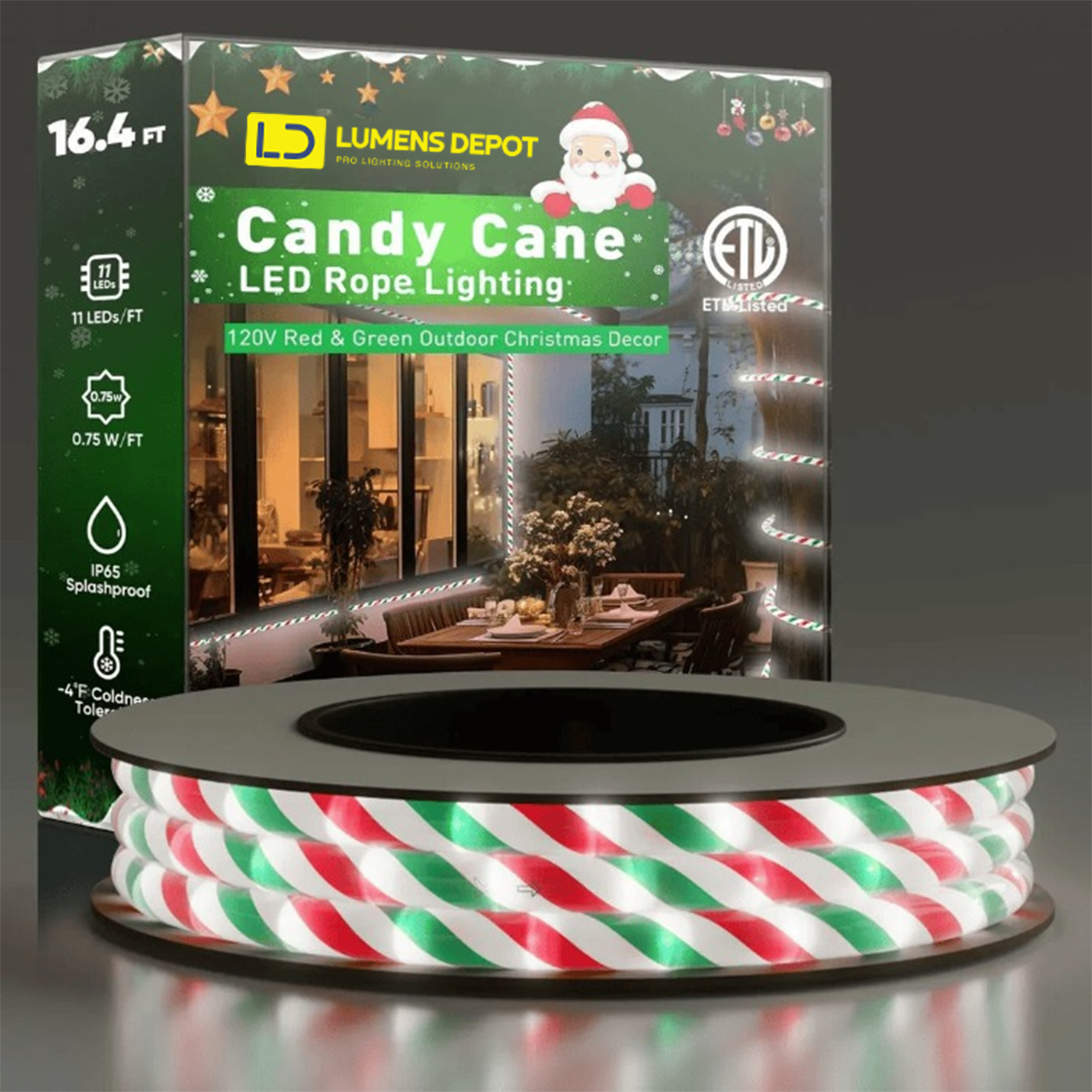 110V Candy Cane Christmas Rope Light White Red Green 11000K - Hyperdealss