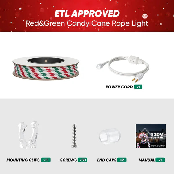 110V Candy Cane Christmas Rope Light White Red Green 11000K - Hyperdealss