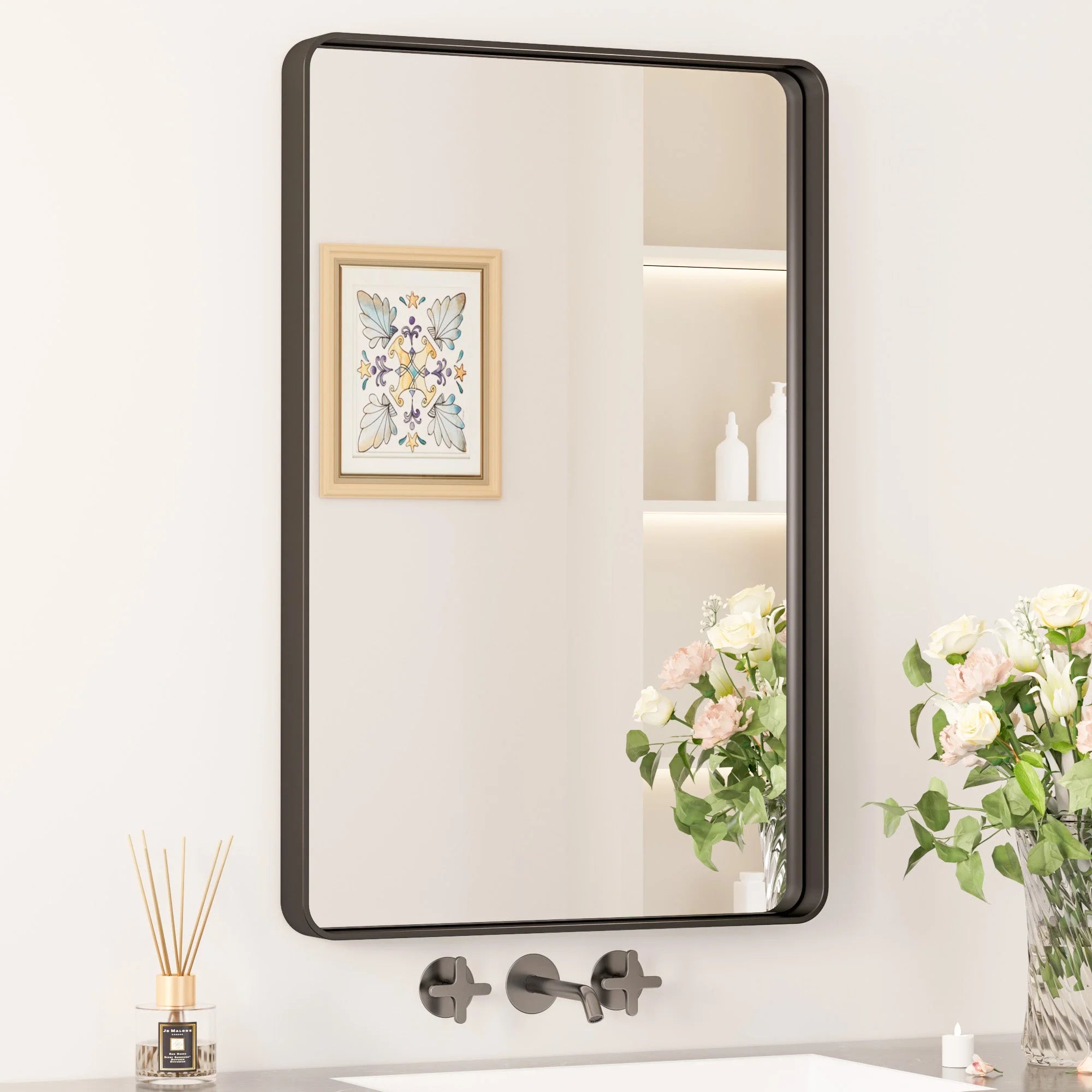 Black Hard Corner Thin Frame Metal Mirror – Modern Rectangular Wall-Mounted Mirror - Hyperdealss