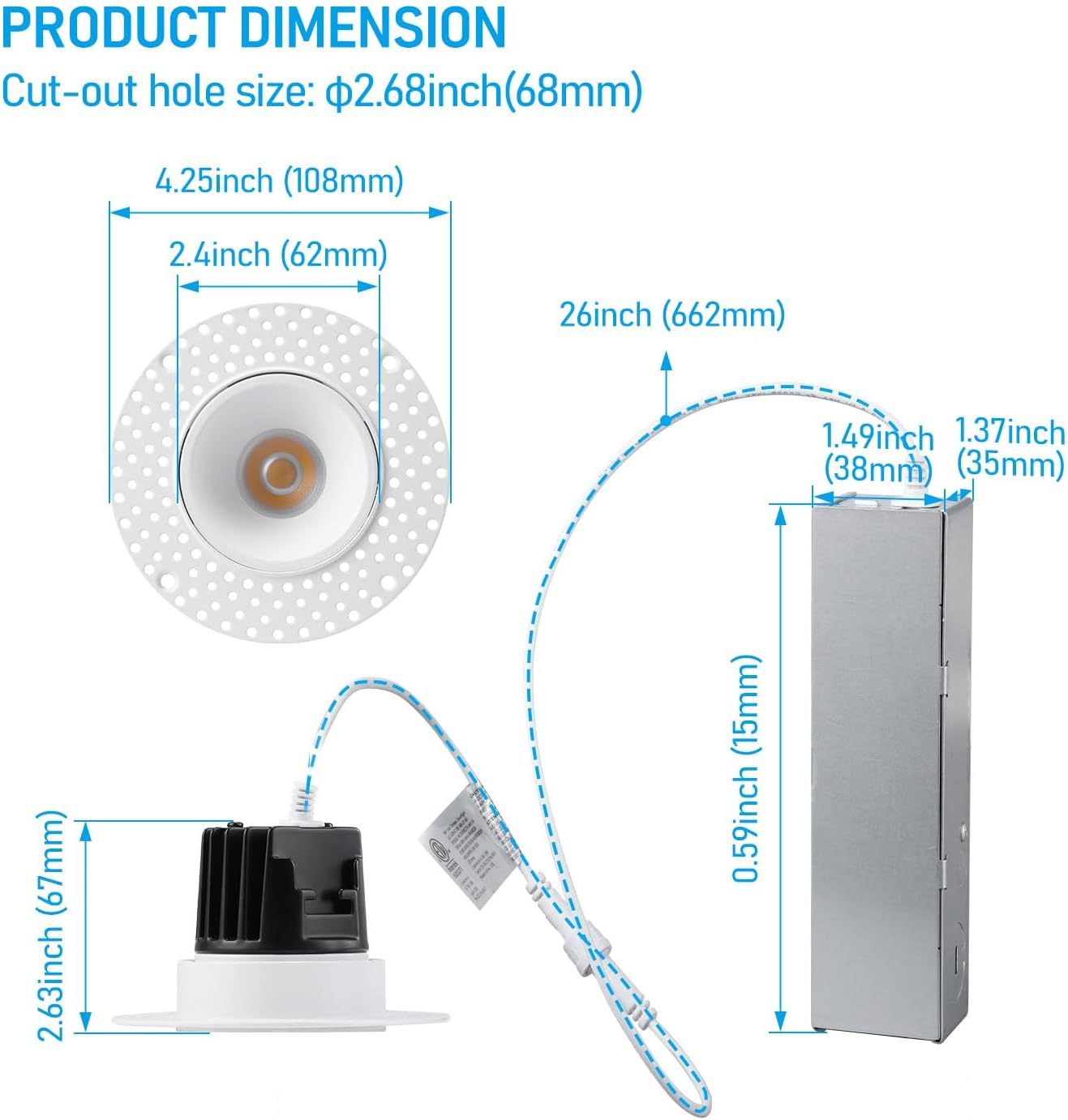LED Recessed Downlight, 13W, 800LM, 5000K Color Temperature, Dimmable, CRI 90+, ETL/Energy Star/T24, 120 VAC - Hyperdealss