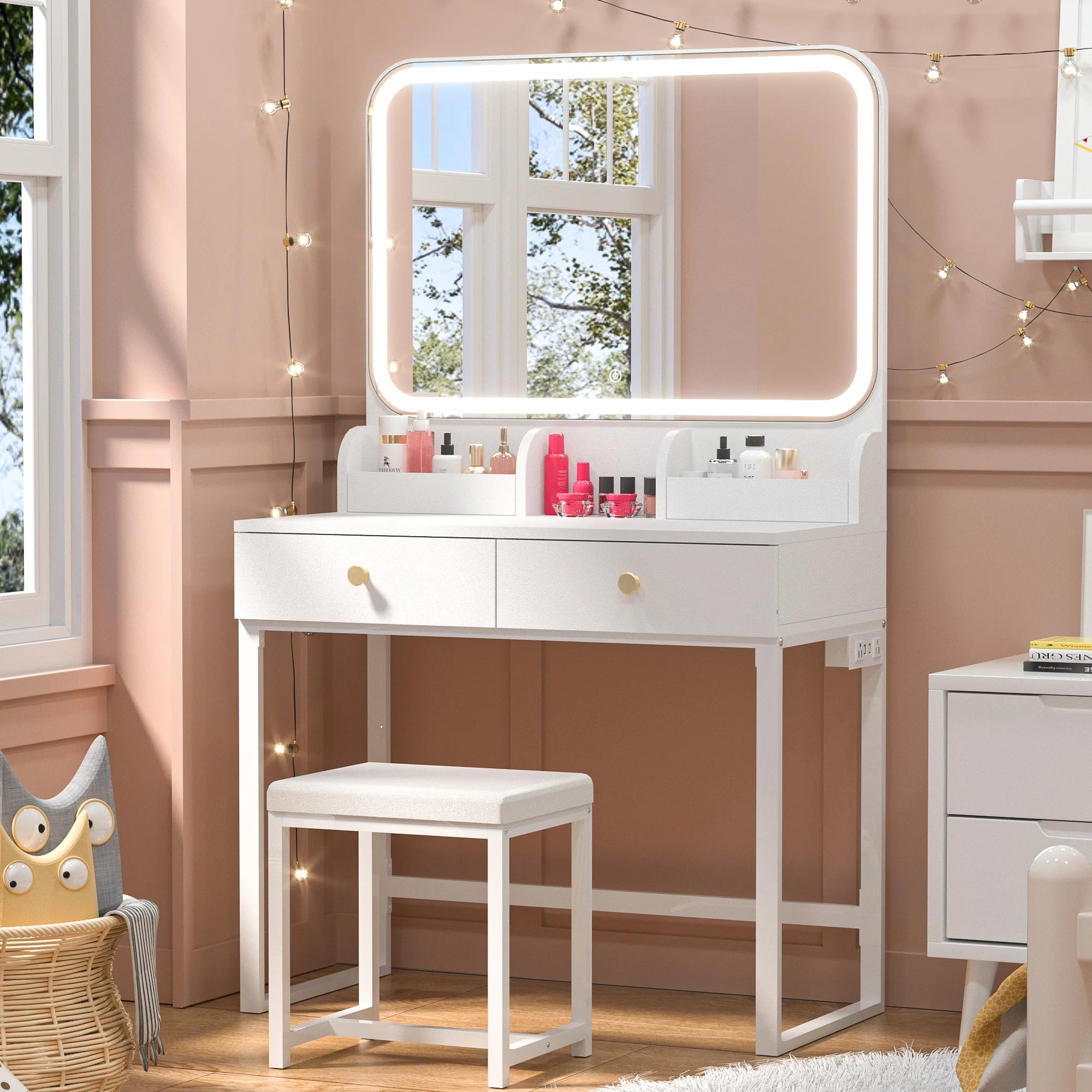 White Vanity Desk with Lighted Mirror and Chair – Makeup Vanity Set with 2 Drawers - Storage Shelves - USB Ports & Outlets – Compact Design for Small Spaces - Hyperdealss