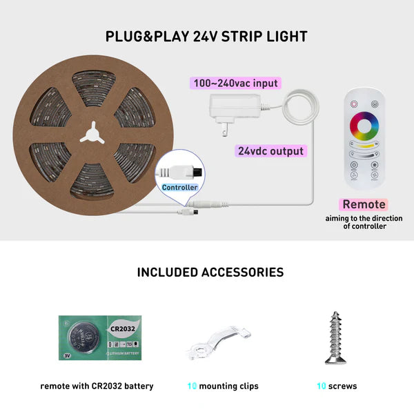 24V 16FT RGBWW LED Strip Light with IC Function and Remote Control – Multi-Color LED Tape - Hyperdealss
