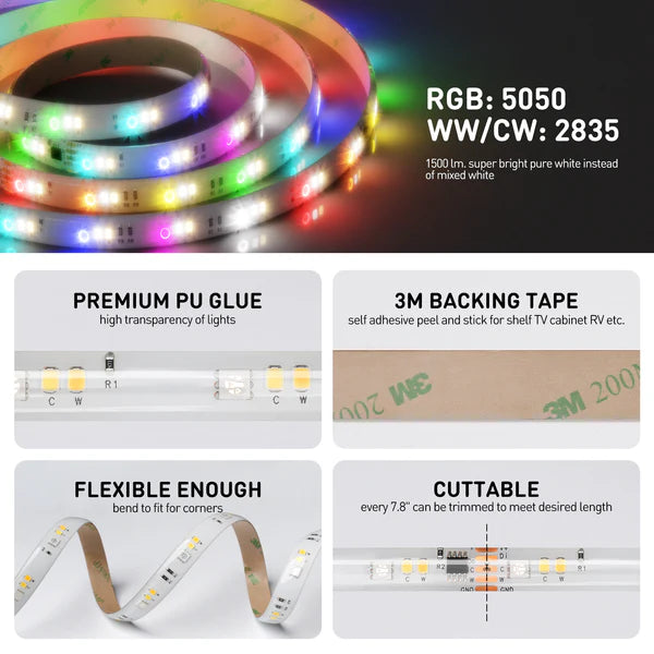 24V 16FT RGBWW LED Strip Light with IC Function and Remote Control – Multi-Color LED Tape - Hyperdealss