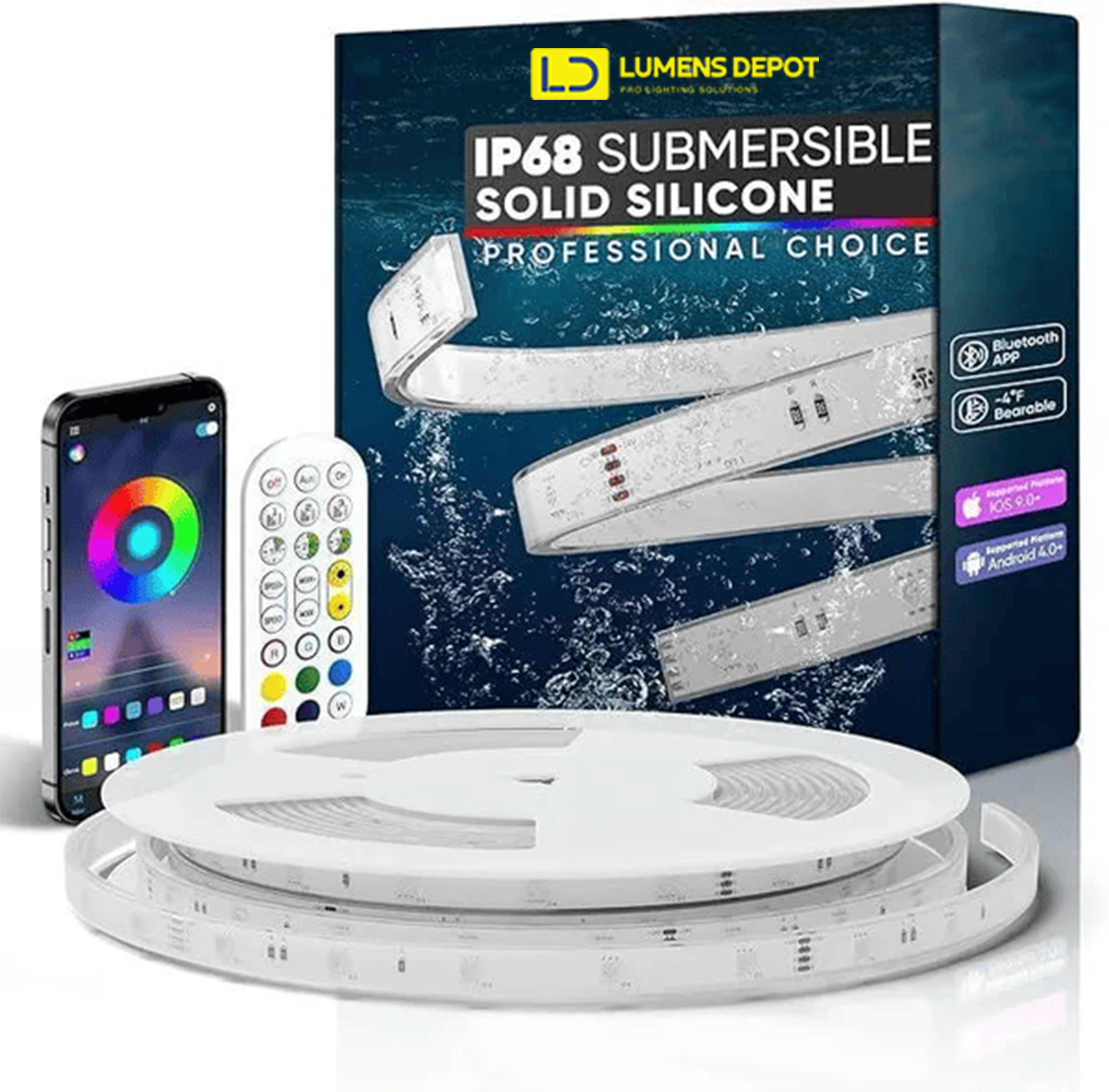 24V IP68 LED Strip Light – Smart RGB Submersible Pool Light Strips, 4mm x 12mm, 1-10V Dimmable, Remote & Bluetooth App Control, ETL Listed, 2W/M - Hyperdealss