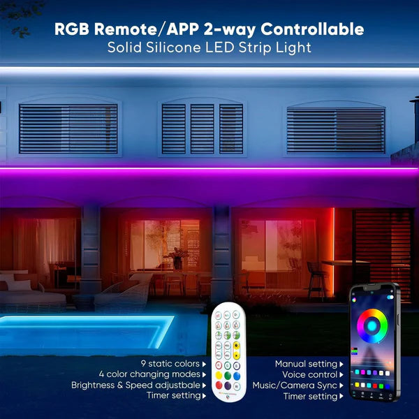 24V IP68 LED Strip Light – Smart RGB Submersible Pool Light Strips, 4mm x 12mm, 1-10V Dimmable, Remote & Bluetooth App Control, ETL Listed, 2W/M - Hyperdealss