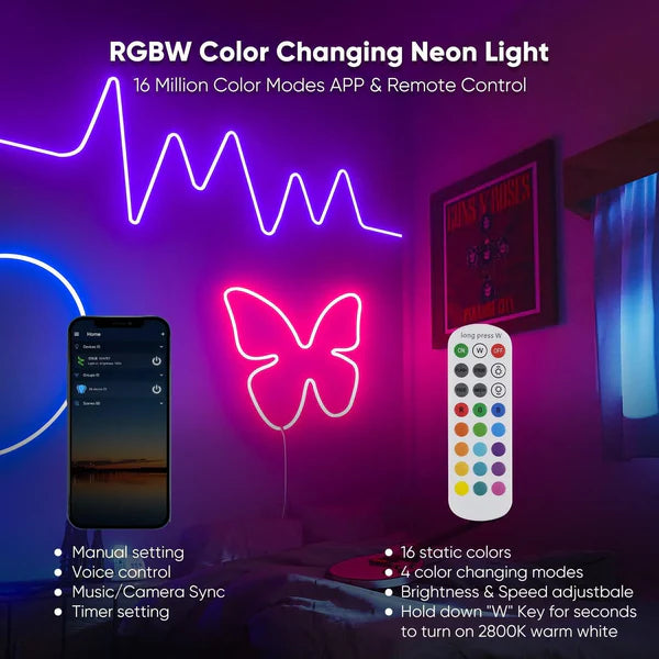 16FT 24V Smart RGBW LED Neon Rope Light, Cool and Warm White – Anti Yellowing -App and Remote Controlled - Hyperdealss