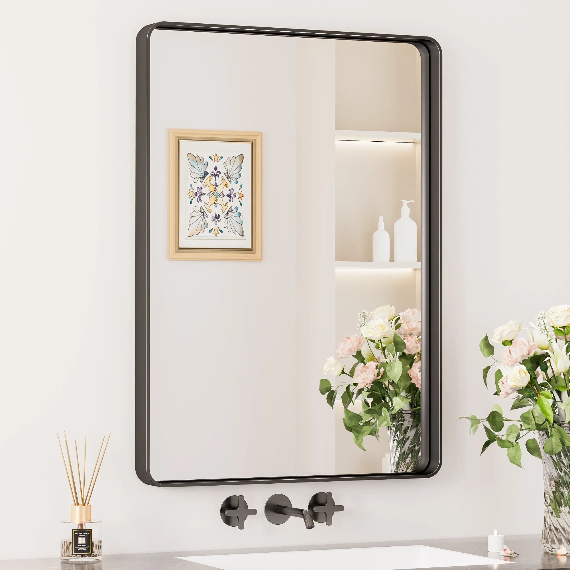 Black Hard Corner Thin Frame Metal Mirror – Modern Rectangular Wall-Mounted Mirror - Hyperdealss