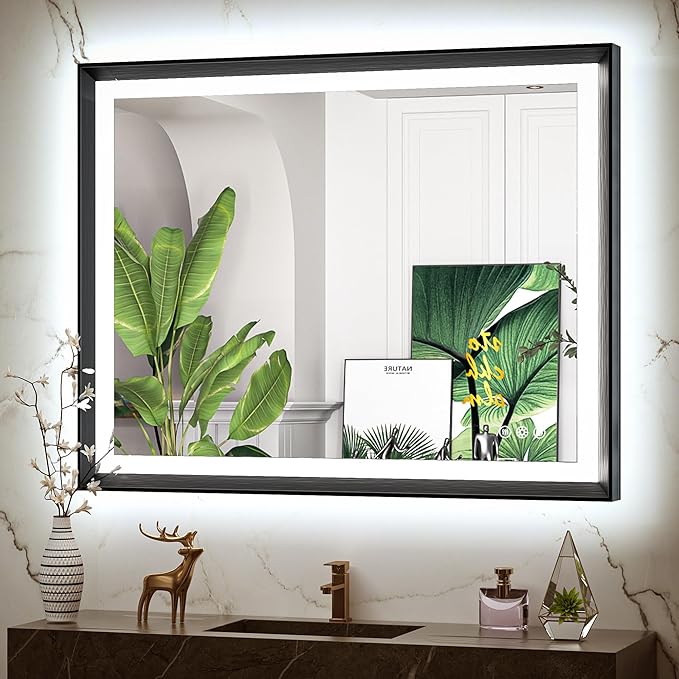 40x30 Black Frontlit LED Bathroom Mirror with 3 CCT – Dimmable - Anti-Fog - Metal Frame - Hyperdealss