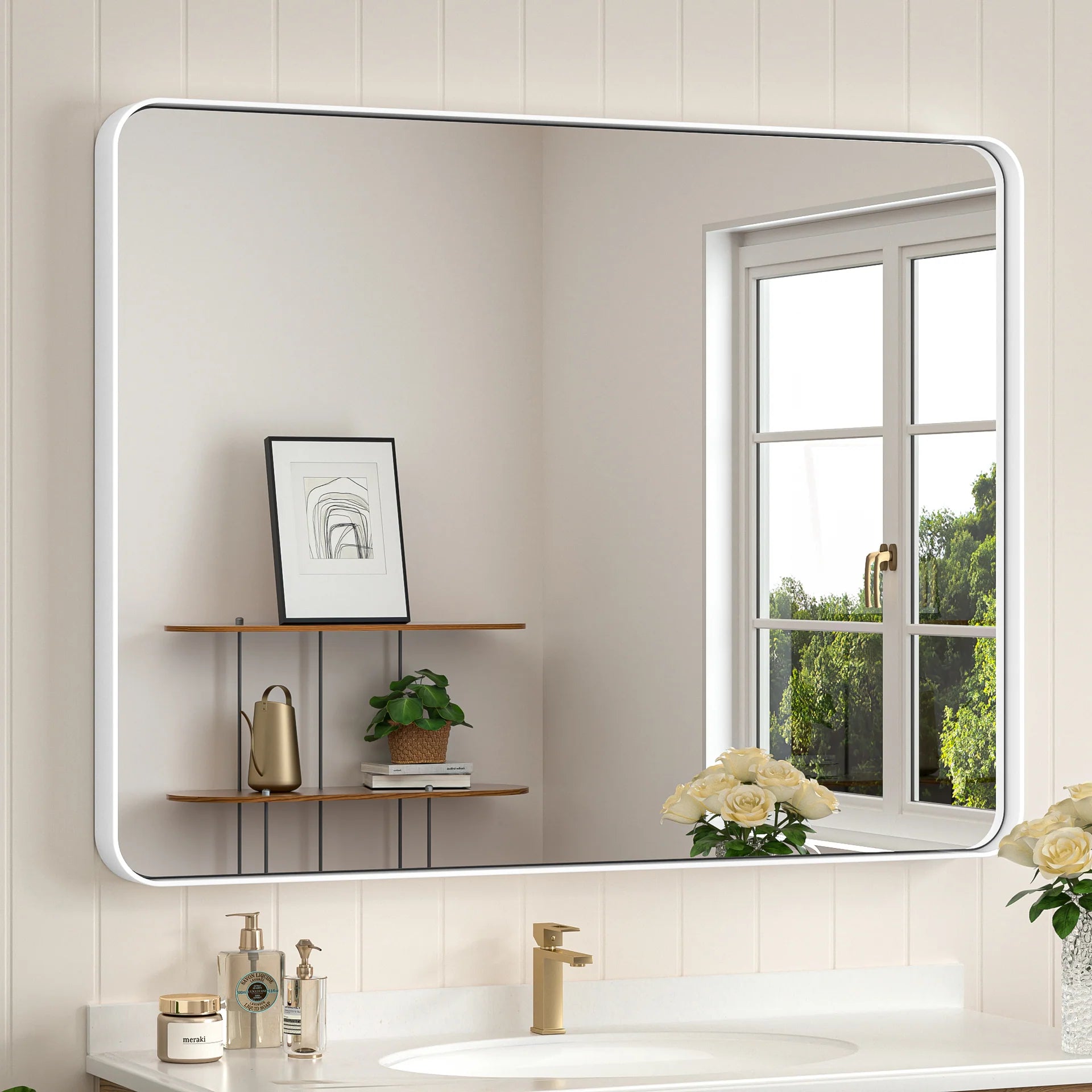 White Hard Corner Thin Frame Metal Mirror – Modern Rectangular Wall-Mounted Mirror with Shatterproof Copper-Free Glass - Hyperdealss