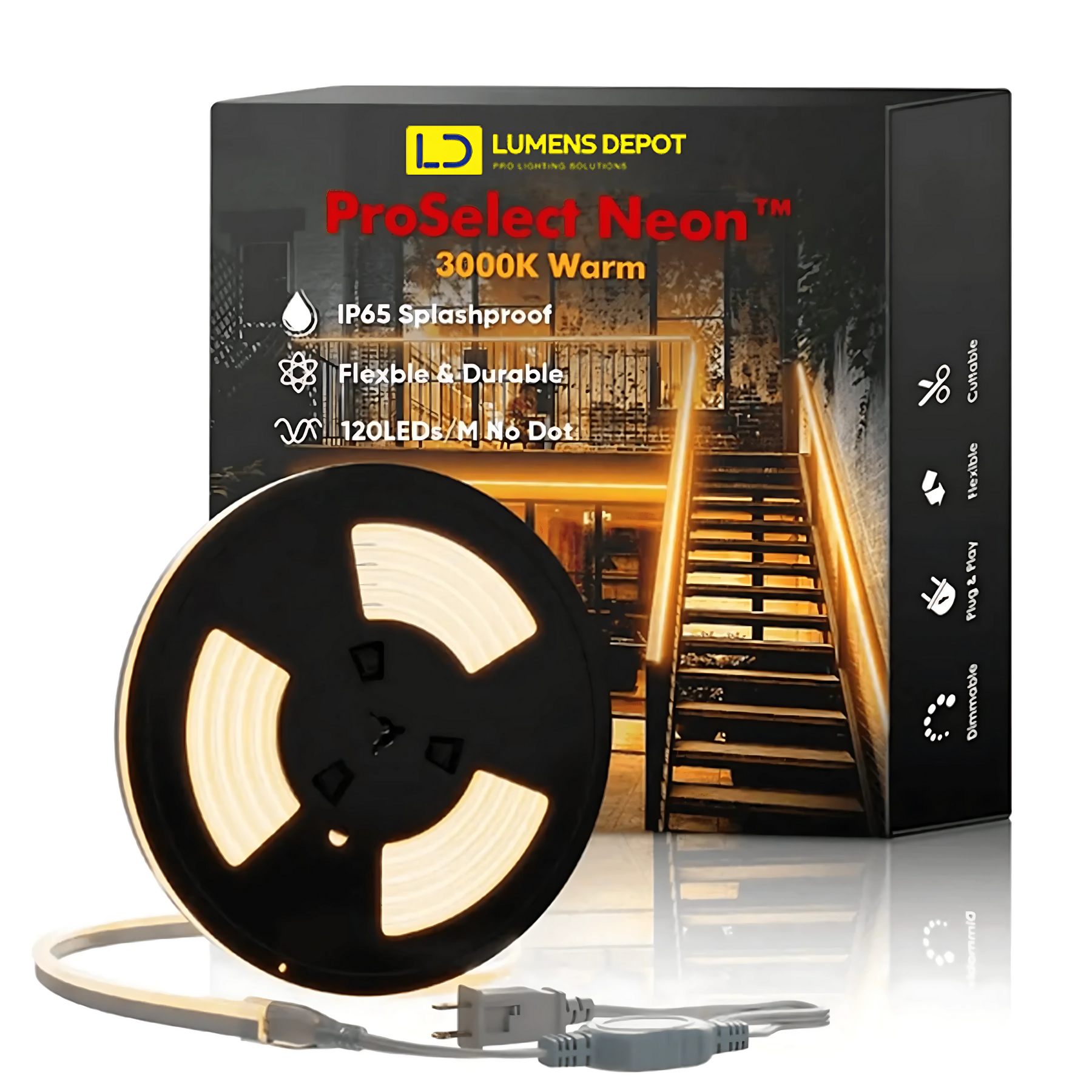 110-130V Warm White LED Neon Rope Light -3000K- 7mm x 14.5mm-7W/Meter and 220LM/W -Dimmable, Flexible, IP65 Waterproof, Cuttable for Home & Commercial Use - Hyperdealss