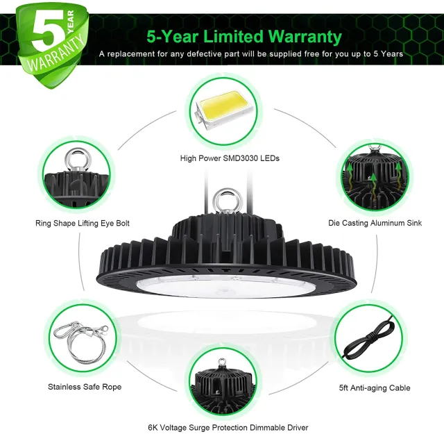 LED UFO High Bay Light, 150W, CCT 5000K, 21,000 Lumens, 100-277 VAC - Hyperdealss