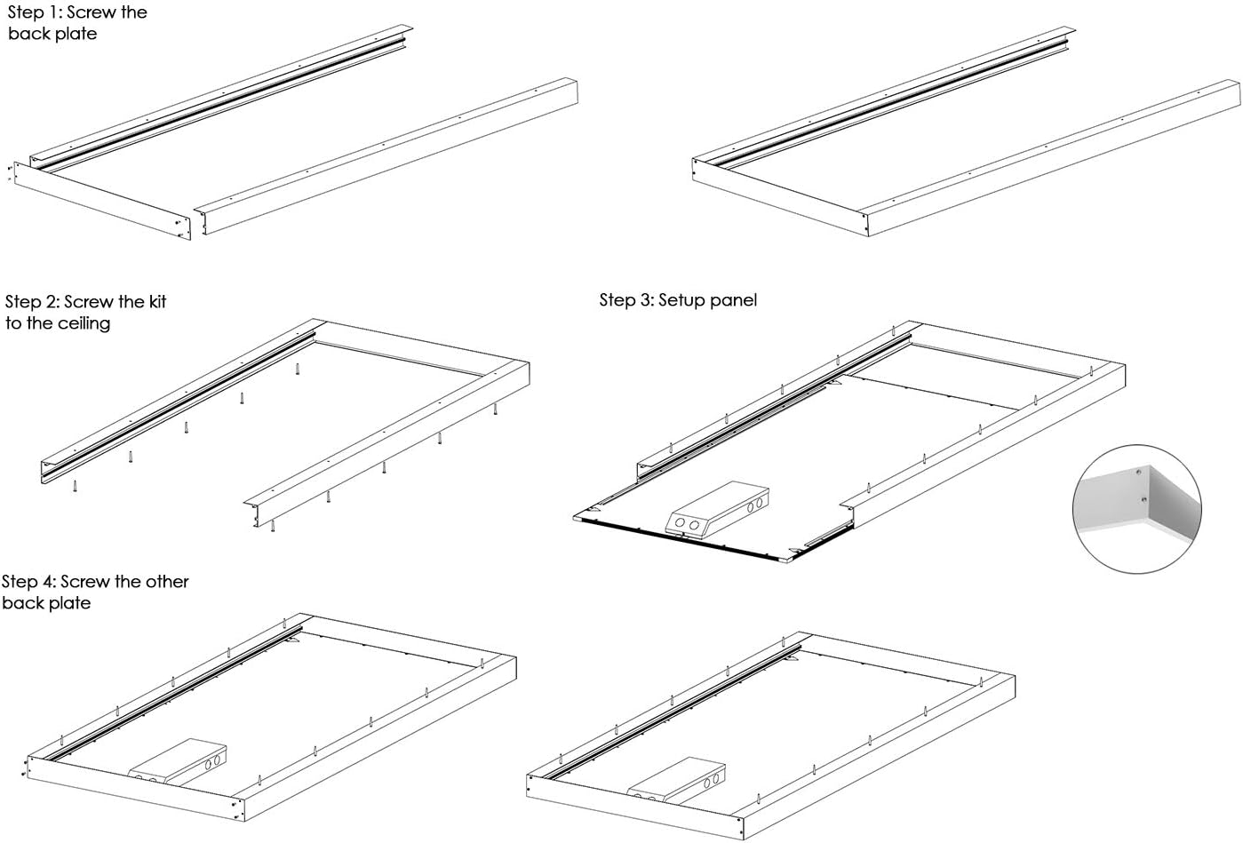 Surface Mount Kit for LED Flat Panel Light, 2x4, Aluminum Ceiling Frame (24x48x3.13 inches) for Edge-Lit & Backlit Panels - Hyperdealss