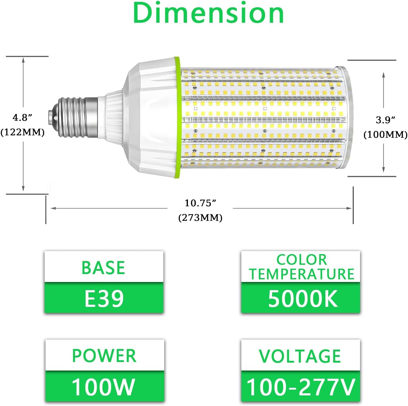 LED Corn Bulb, 100W, 15,000 lumens, 5000K, E39 Base, 277-480 VAC, 480 VAC HID Replacement - Hyperdealss