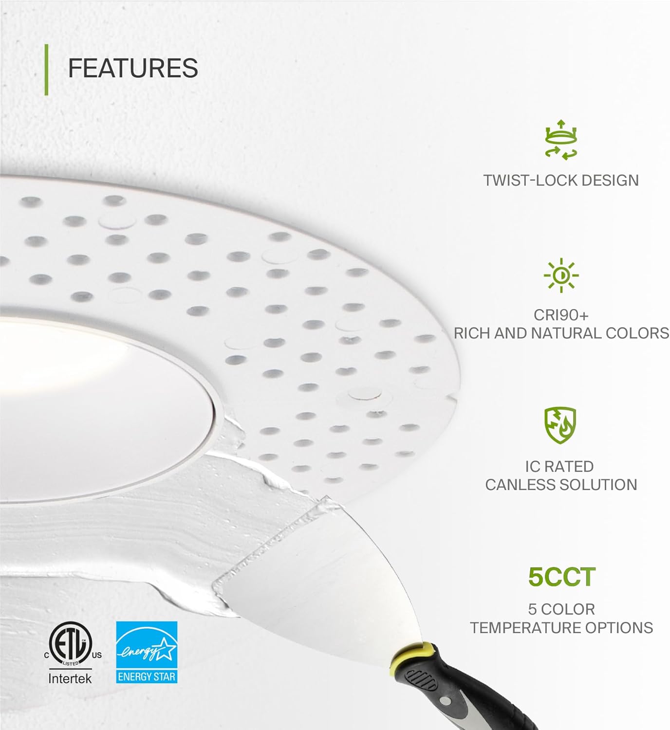 3-Inch Flangeless LED Downlight, 15W, 900LM, 5CCT, Dimmable, CRI 90+, ETL/Energy Star/T24 - Hyperdealss