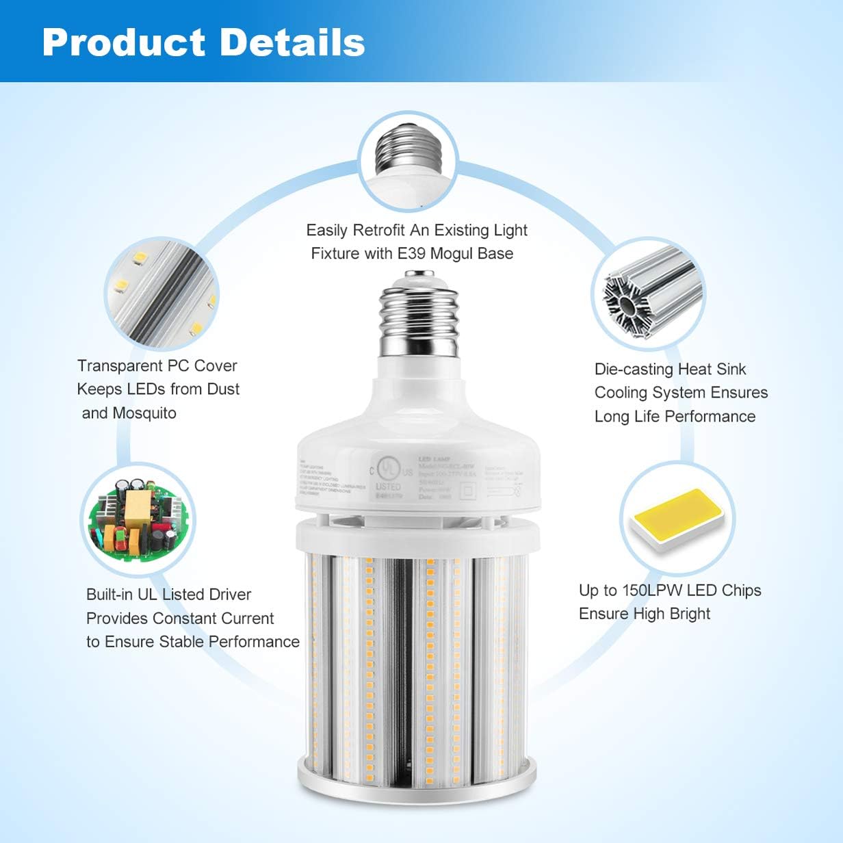 LED Corn Bulb, 80W, 175W HID Replacement, 11,300 Lumens, 5000K Daylight, E39 Base, 100-277 VAC - Hyperdealss