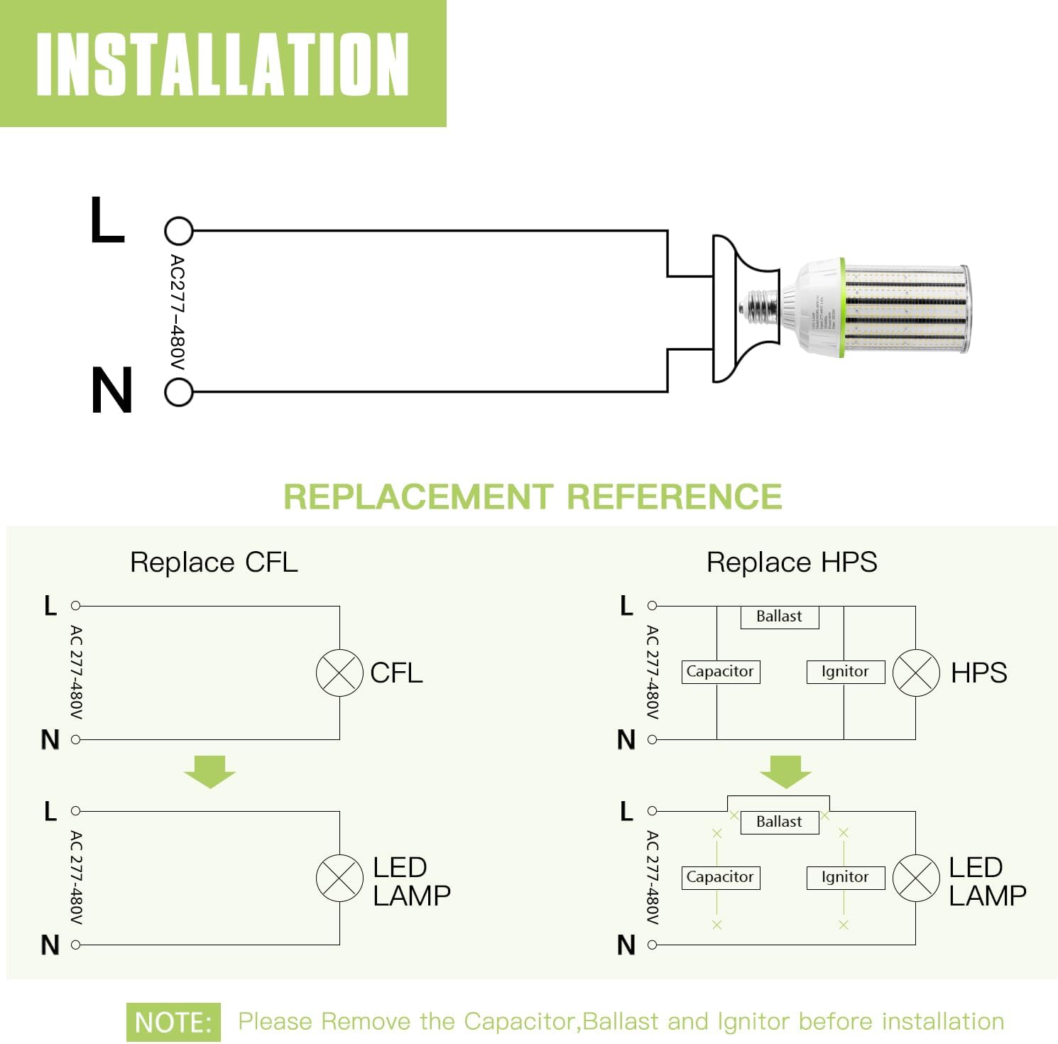 LED Corn Bulb, 80W, 12000 Lumens, 5700K Cool White, E39/E40 Base, 277-480 VAC - Hyperdealss