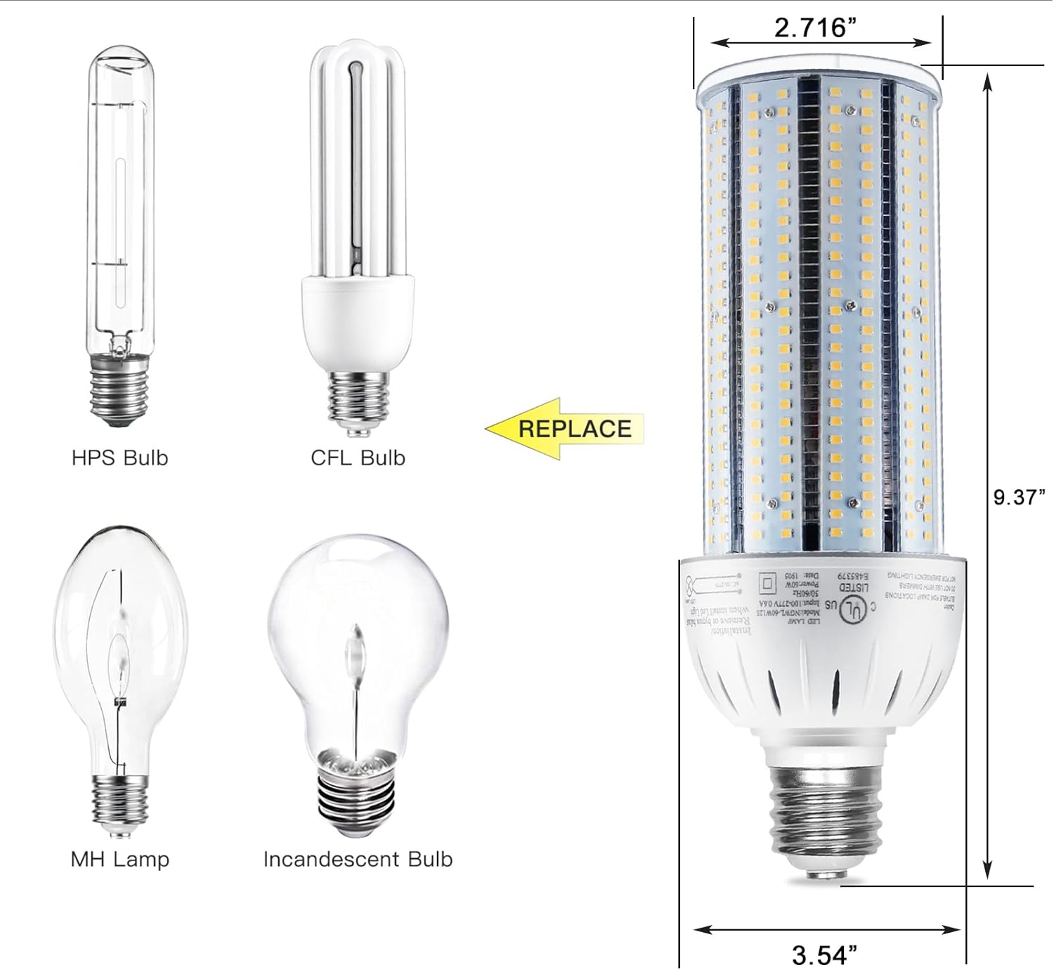 LED Corn Bulb, 60W, 8,100 lumens, 5000K Daylight, E39 Mogul Base, 277-480 VAC - Hyperdealss