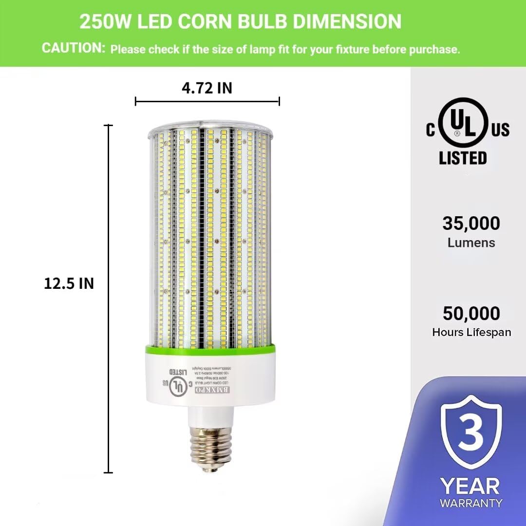LED Corn Bulb, 250W, 6300K, E39 Base, 37,500 Lumens, 100-277 VAC - Hyperdealss
