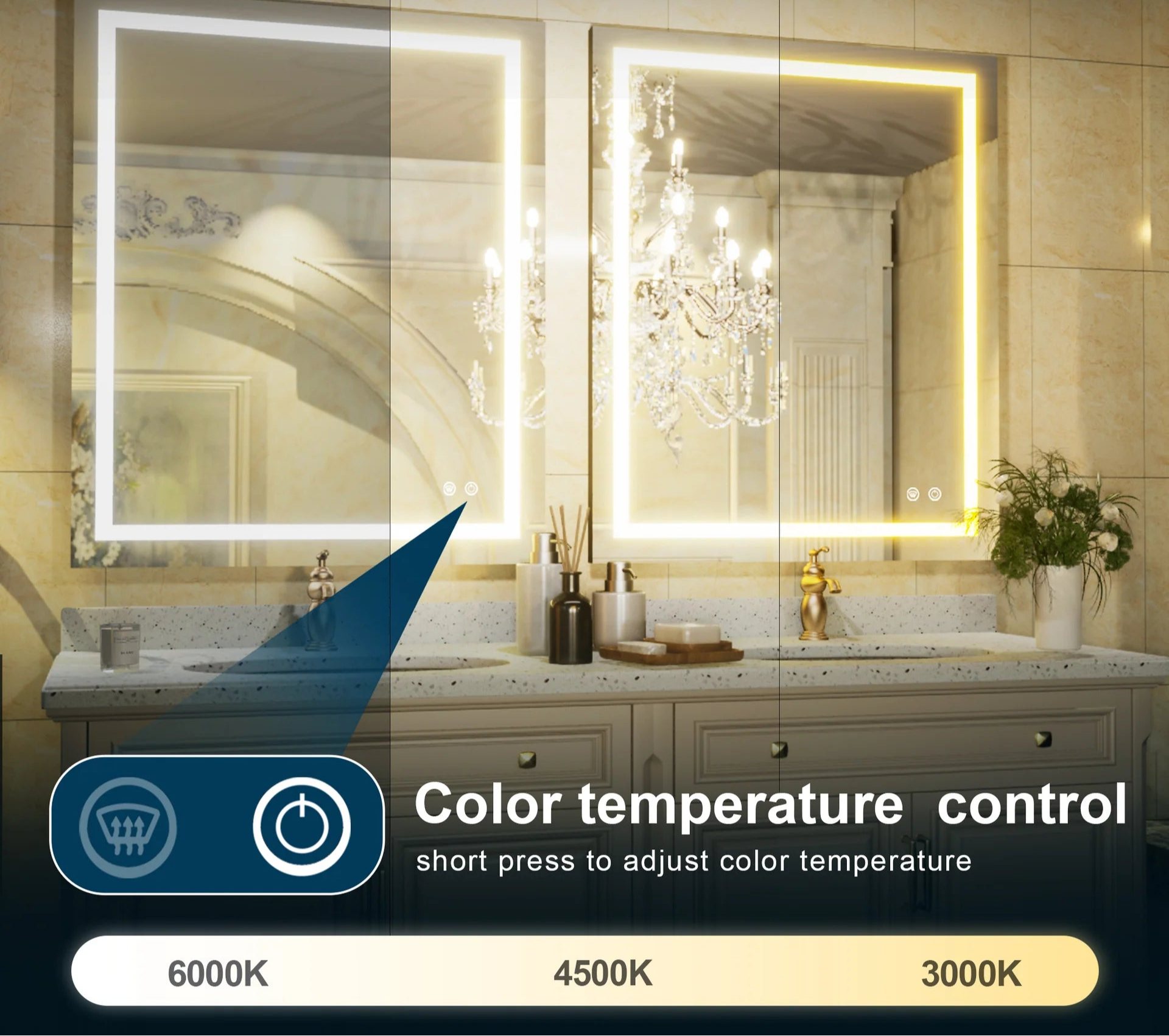 3-Color Dimmable Frontlit LED Bathroom Mirror – ETL Certified - Anti-Fog - Wall-Mounted Vanity - Hyperdealss