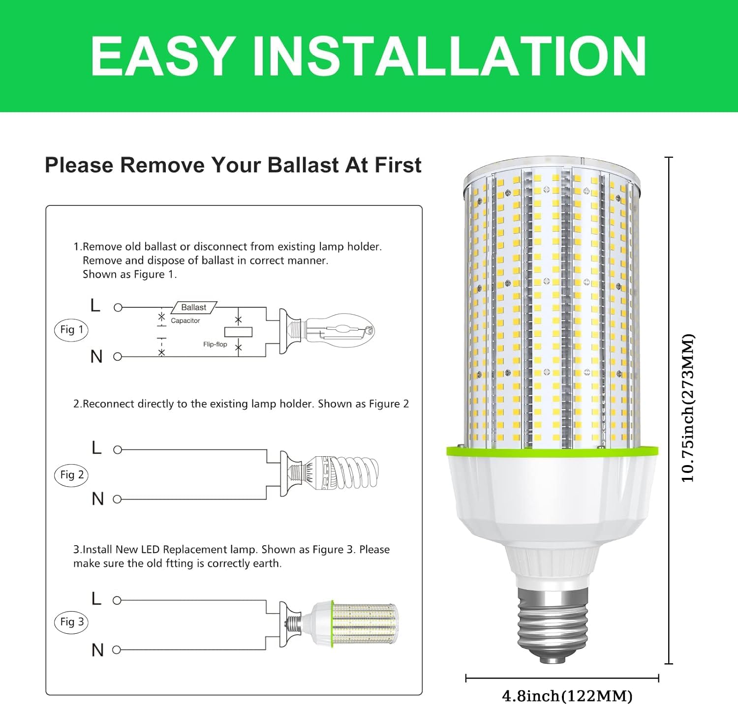 LED Corn Bulb, 100W, 15,000 lumens, 5000K, E39 Base, 277-480 VAC, 480 VAC HID Replacement - Hyperdealss