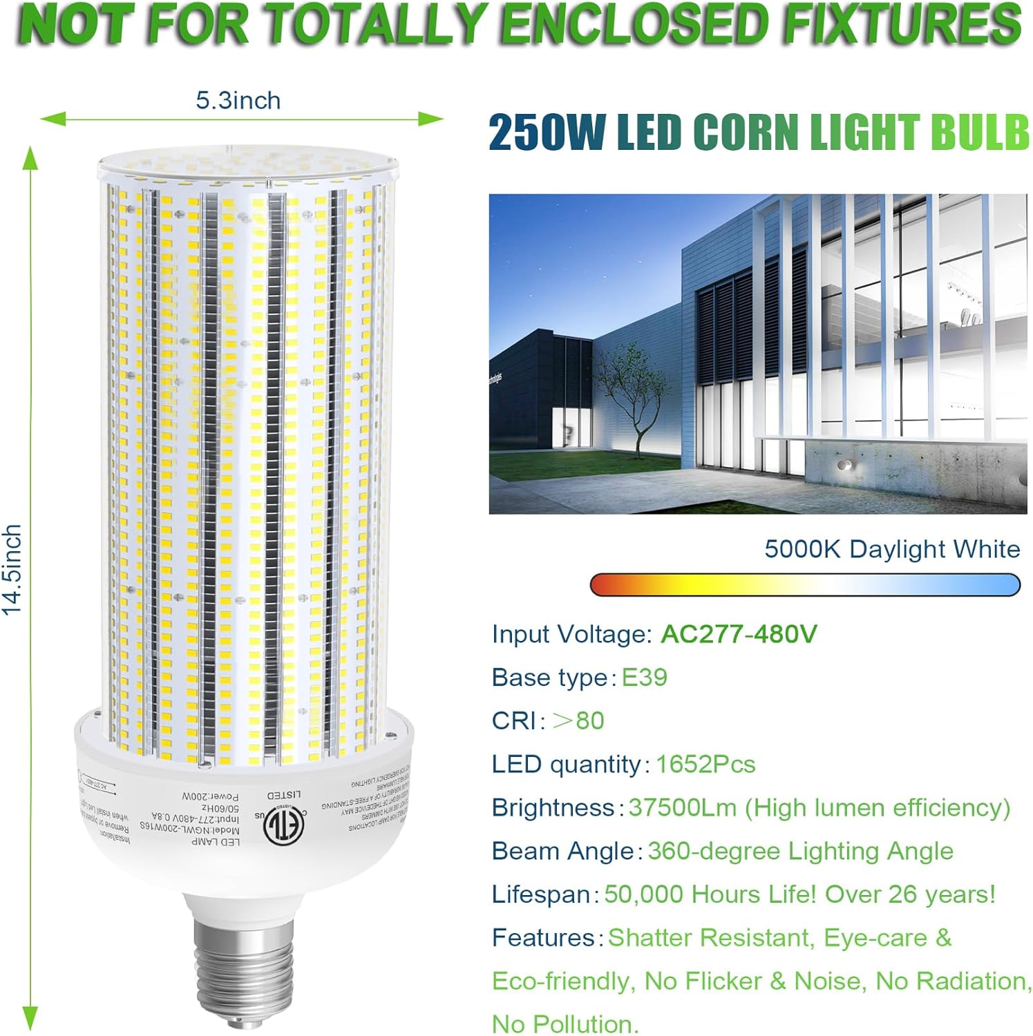 LED Corn Bulb, 250W, 37,500 lumens, 5000K, E39 Mogul Base, 277-480 VAC - Hyperdealss
