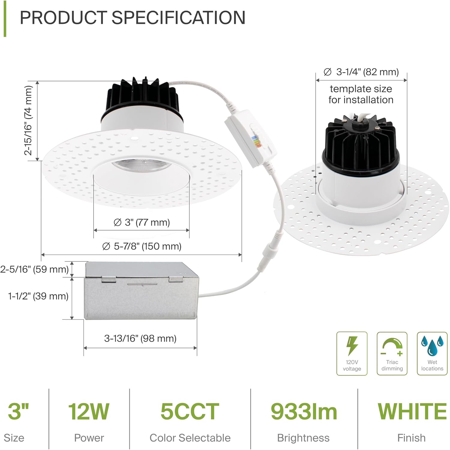 3-Inch Flangeless LED Downlight, 15W, 900LM, 5CCT, Dimmable, CRI 90+, ETL/Energy Star/T24 - Hyperdealss