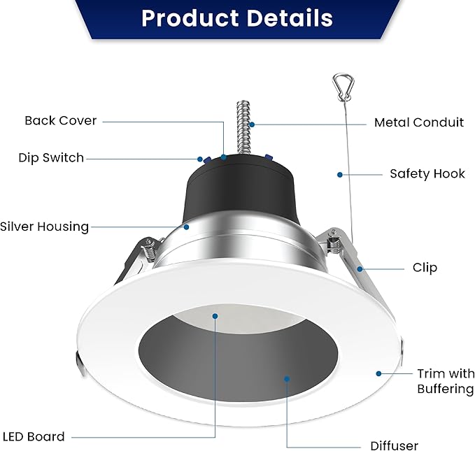 LED Recessed Downlight, 36W/27W/18W, 4000 Lumens, 2700K-5000K CCT Tunable, 120-347 VAC - Hyperdealss