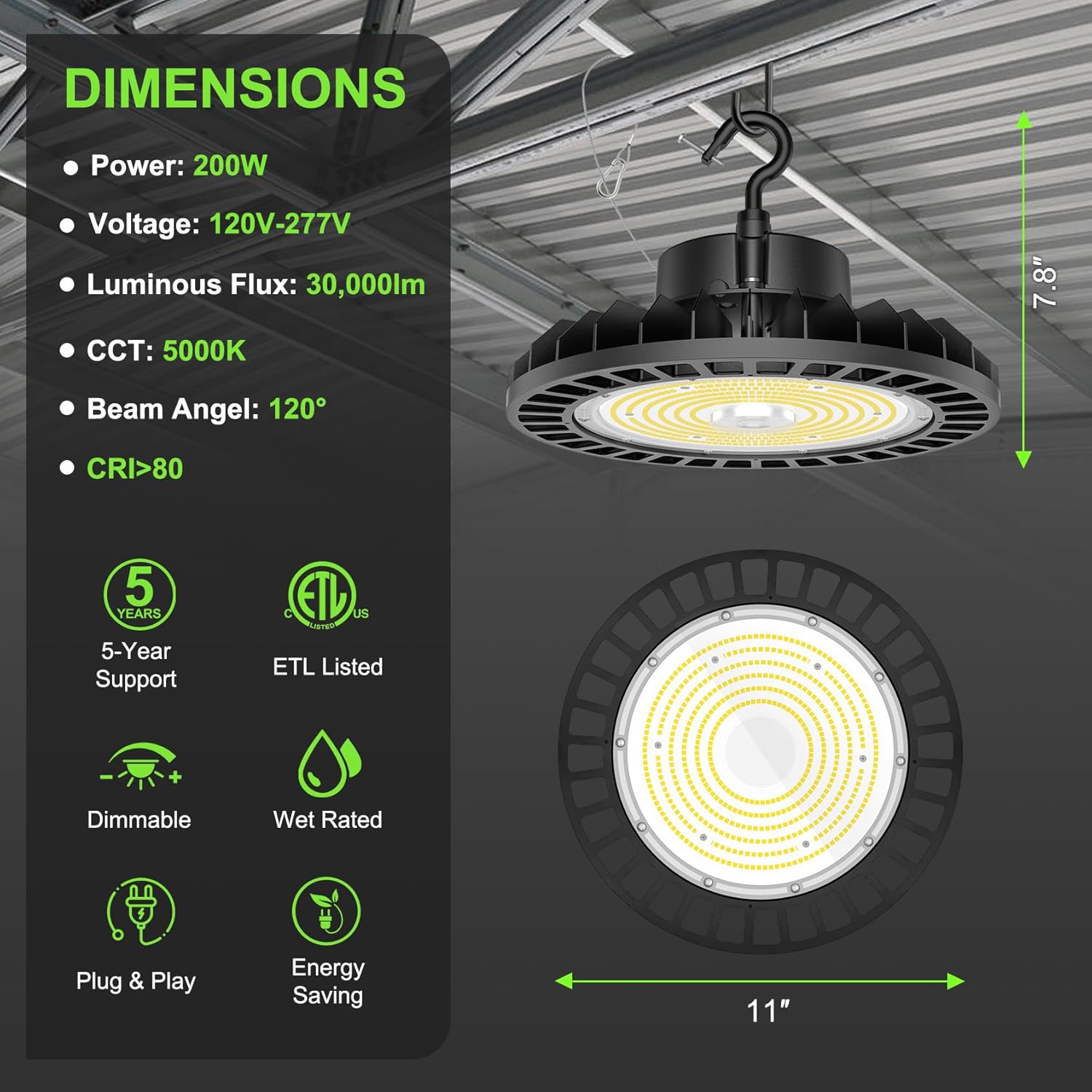 200W LED High Bay Light, 30,000 Lumens, 5000K, Dimmable, 100-277V, 5' Cable with US Plug, ETL Listed - Hyperdealss