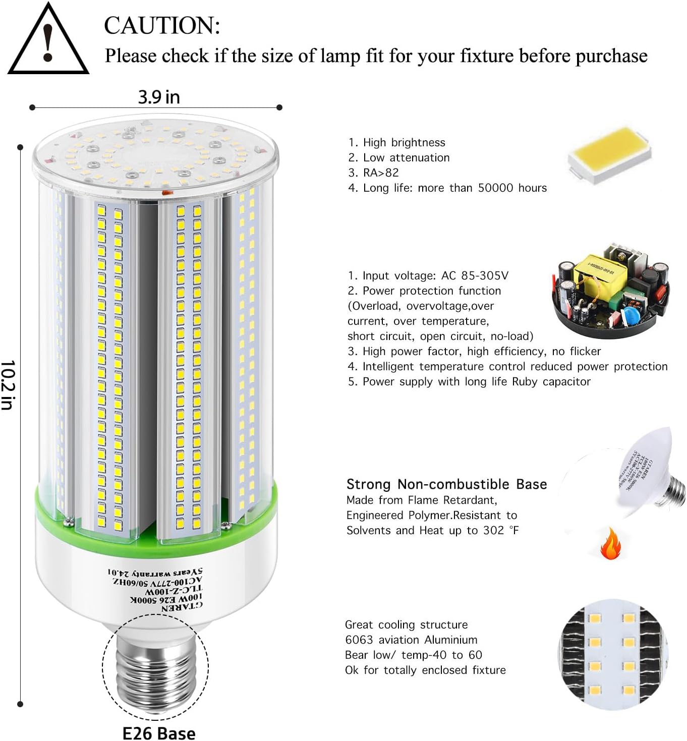 LED Corn Bulb, 80W, 11,200 lumens, 5000K, E26/E39 Base, 100-277 VAC - Hyperdealss