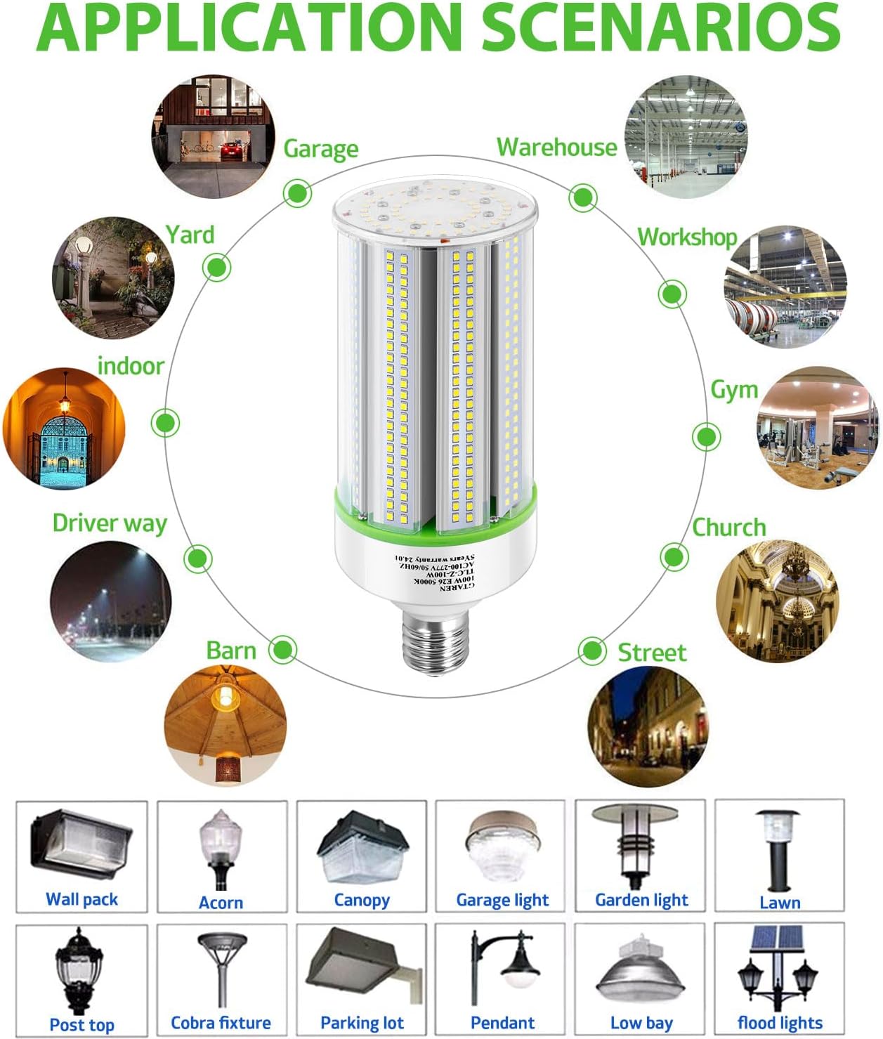 LED Corn Bulb, 80W, 11,200 lumens, 5000K, E26/E39 Base, 100-277 VAC - Hyperdealss