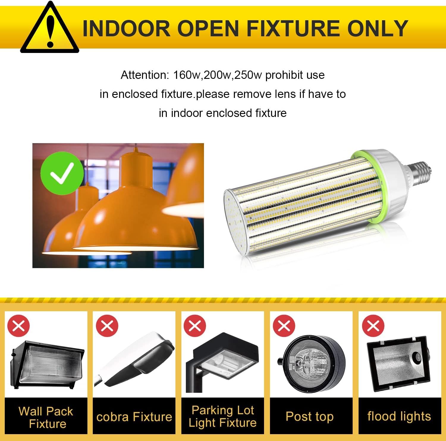 LED Corn Bulb, 250W, 6300K, E39 Base, 37,500 Lumens, 100-277 VAC - Hyperdealss