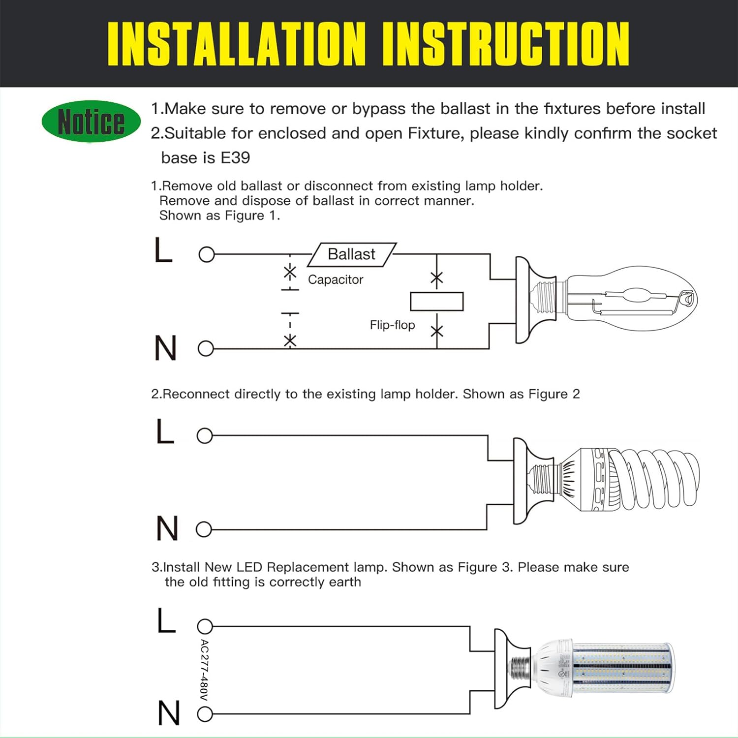 LED Corn Bulb, 60W, 8,100 lumens, 5000K Daylight, E39 Mogul Base, 277-480 VAC - Hyperdealss