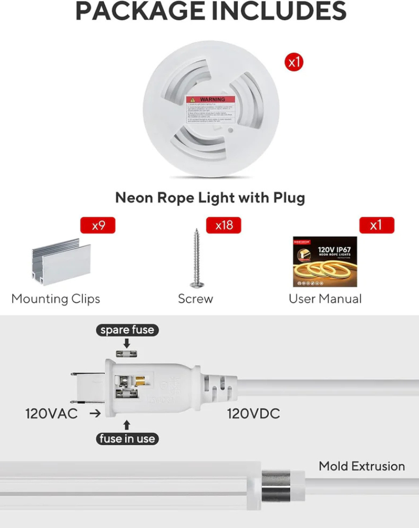 120V, 6500K, IP67 Waterproof Flexible White Outdoor Neon Rope Light Cold Resistant (-40℉) - Hyperdealss