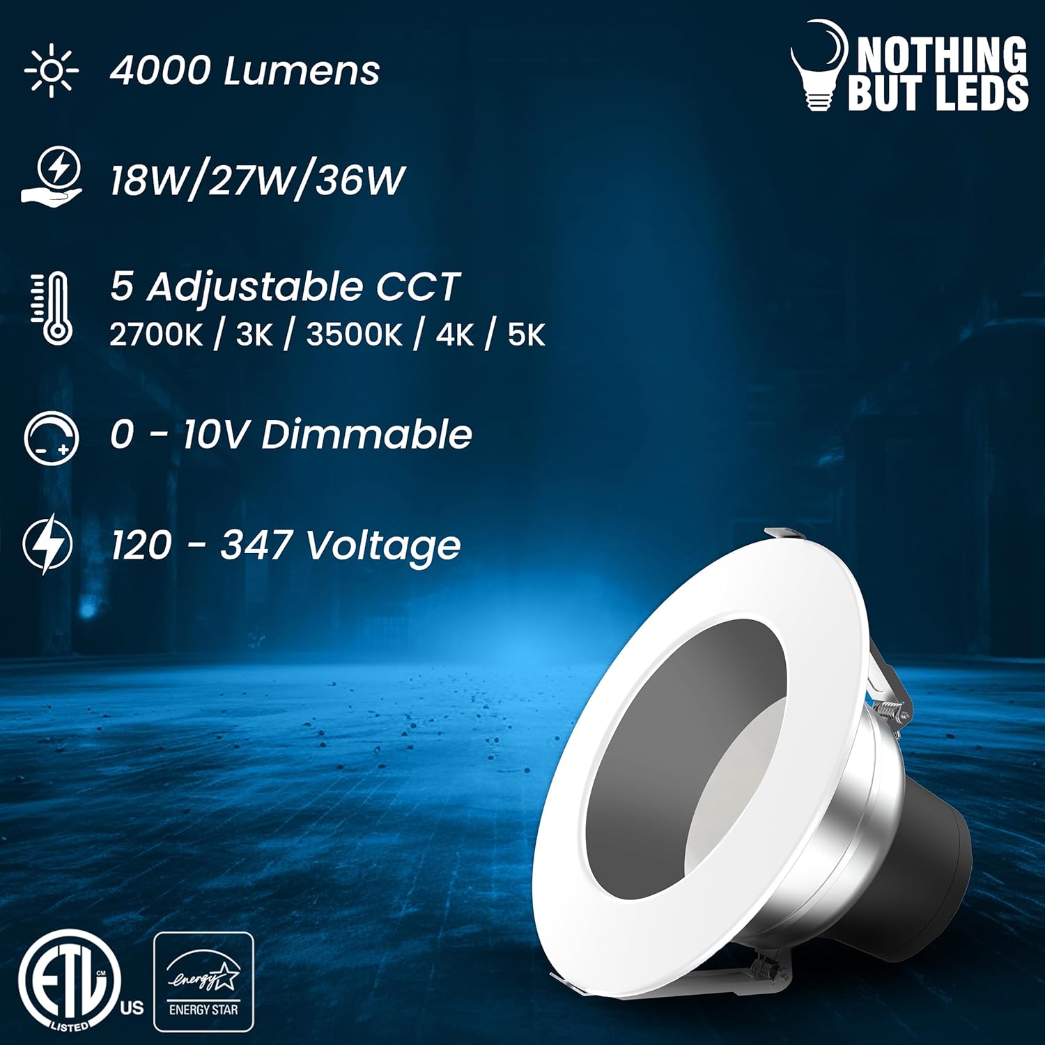 LED Recessed Downlight, 36W/27W/18W, 4000 Lumens, 2700K-5000K CCT Tunable, 120-347 VAC - Hyperdealss