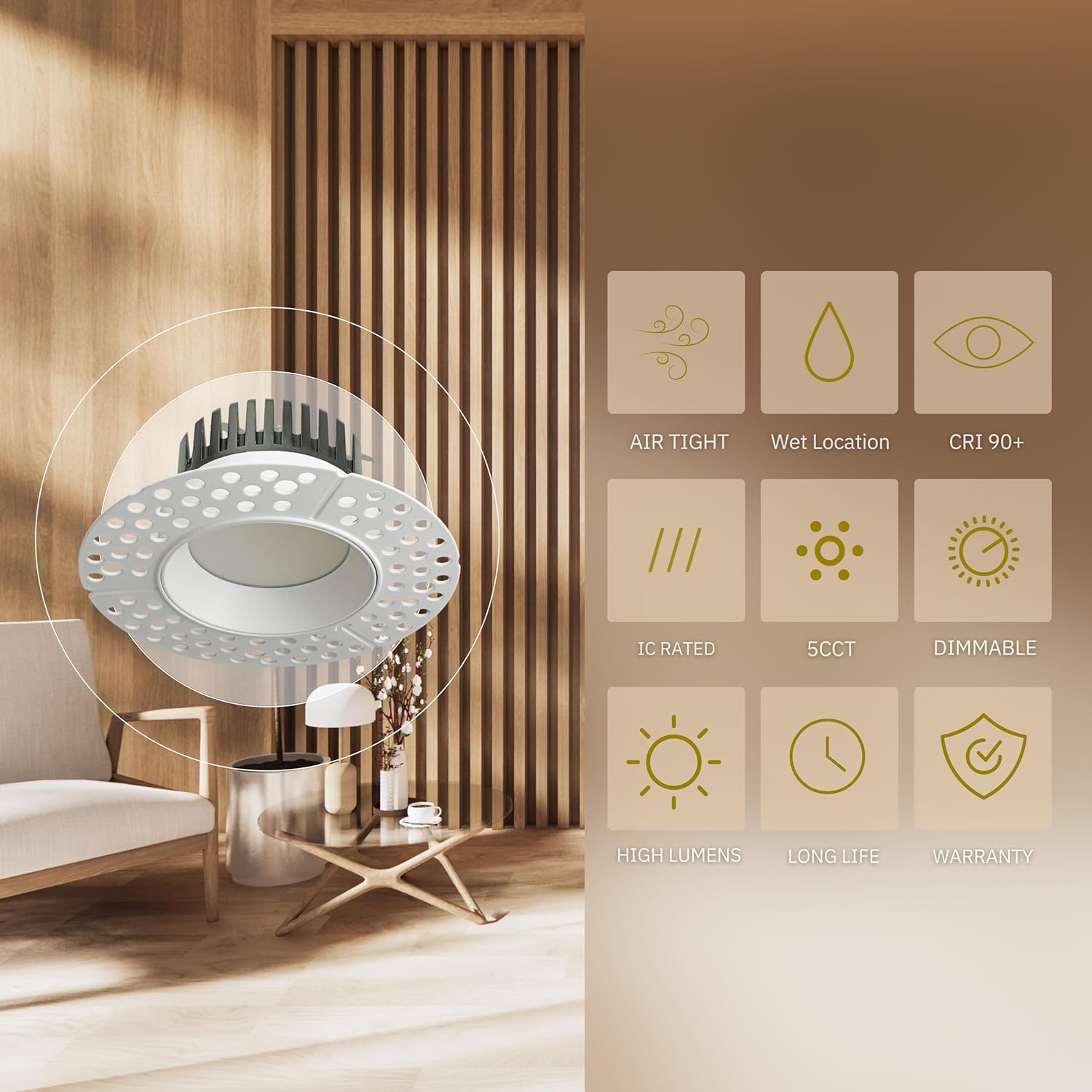 3-Inch Flangeless LED Downlight, 15W, 900LM, 5CCT, Dimmable, CRI 90+, ETL/Energy Star/T24 - Hyperdealss