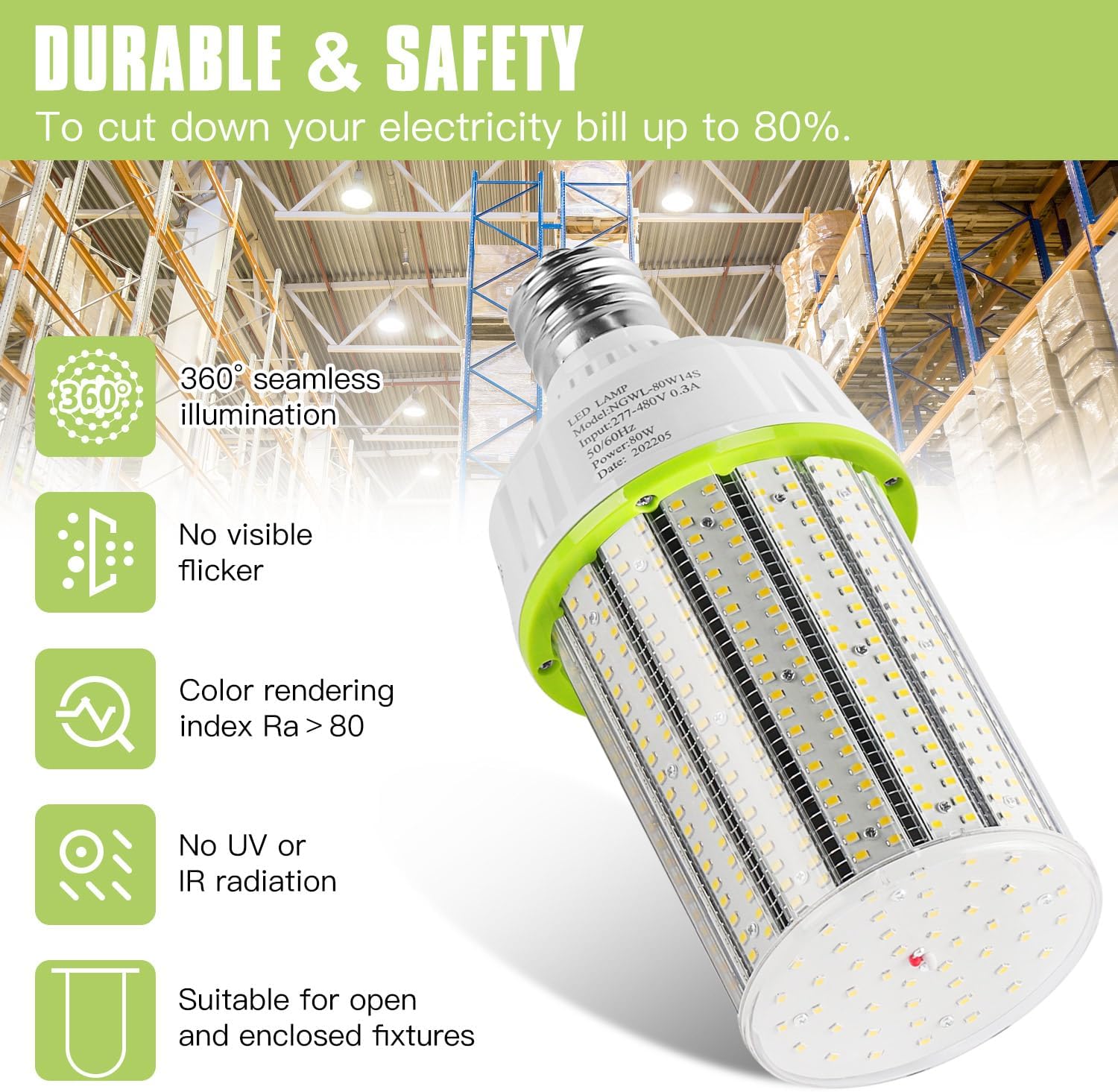 LED Corn Bulb, 80W, 12000 Lumens, 5700K Cool White, E39/E40 Base, 277-480 VAC - Hyperdealss