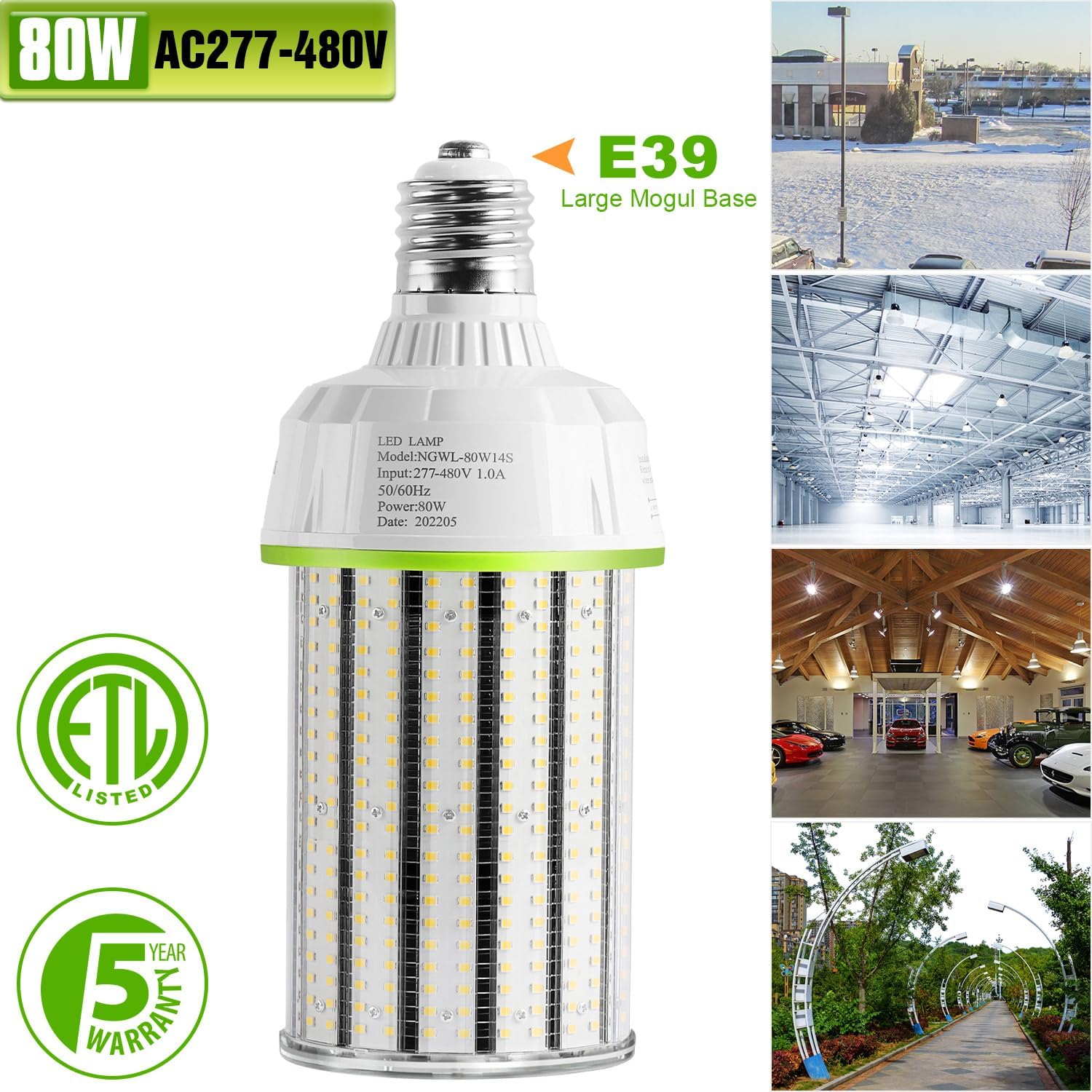 LED Corn Bulb, 100W, 15,000 lumens, 5000K, E39 Base, 277-480 VAC, 480 VAC HID Replacement - Hyperdealss