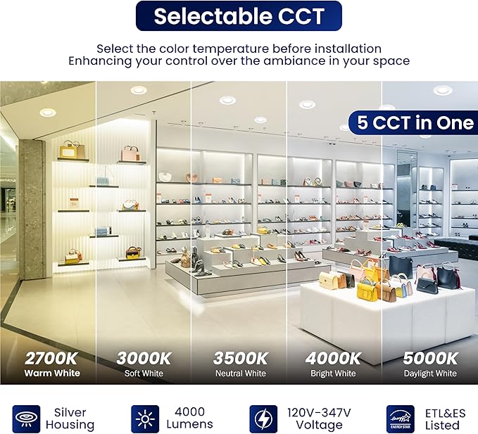 LED Recessed Downlight, 36W/27W/18W, 4000 Lumens, 2700K-5000K CCT Tunable, 120-347 VAC - Hyperdealss